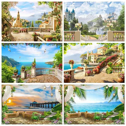 Summer Seaside Beach Photography Backdrop Natural Scenery Castle Tropical Sunshine Palms Leaves Photo Background Studio Props