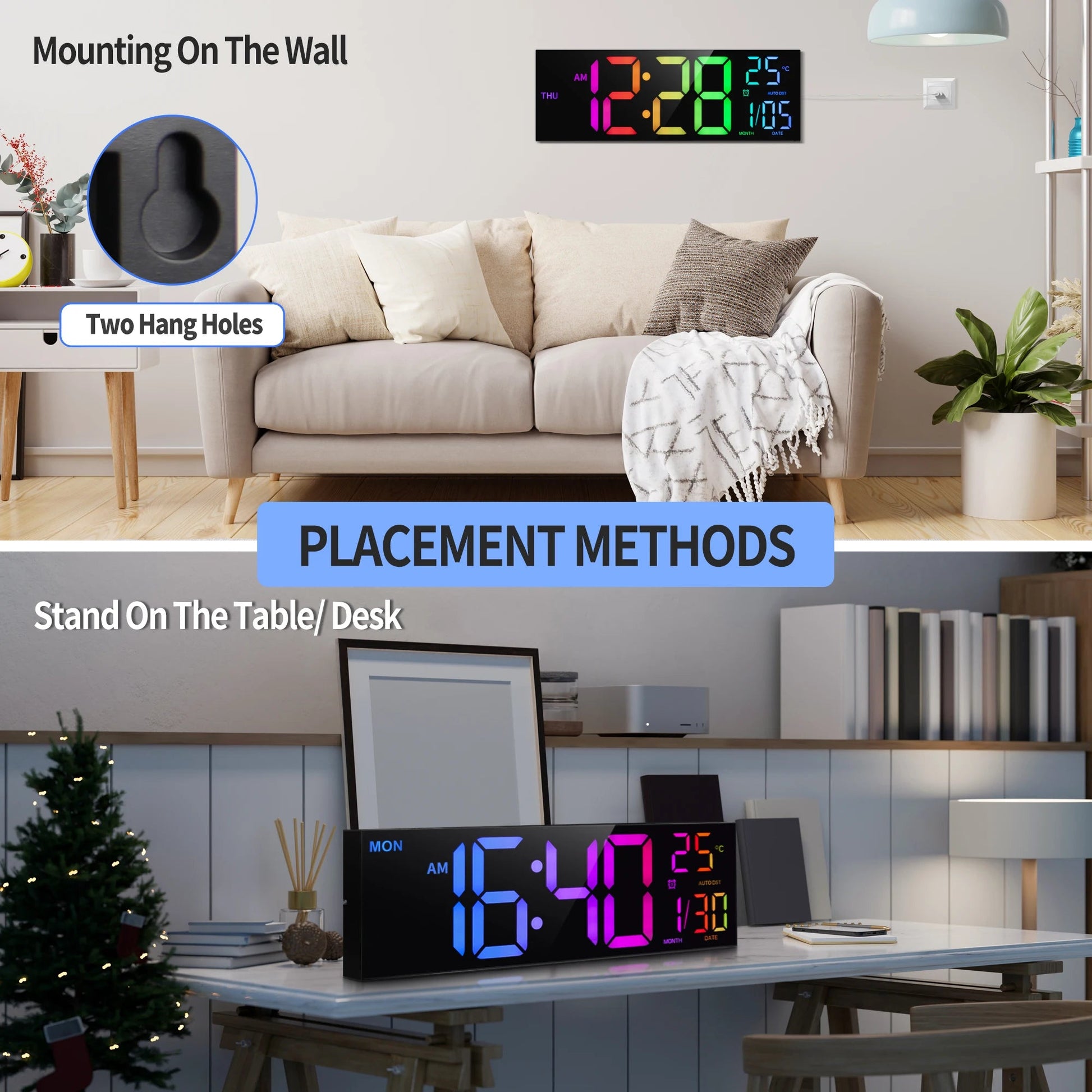16" Large Digital Wall Clock, Big LED Display with Remote, 8 RGB Color, Alarm, DST, Temperature for Living Room, Kitchen    Home Decor Supply | Online Retail | ShoreShopper.com