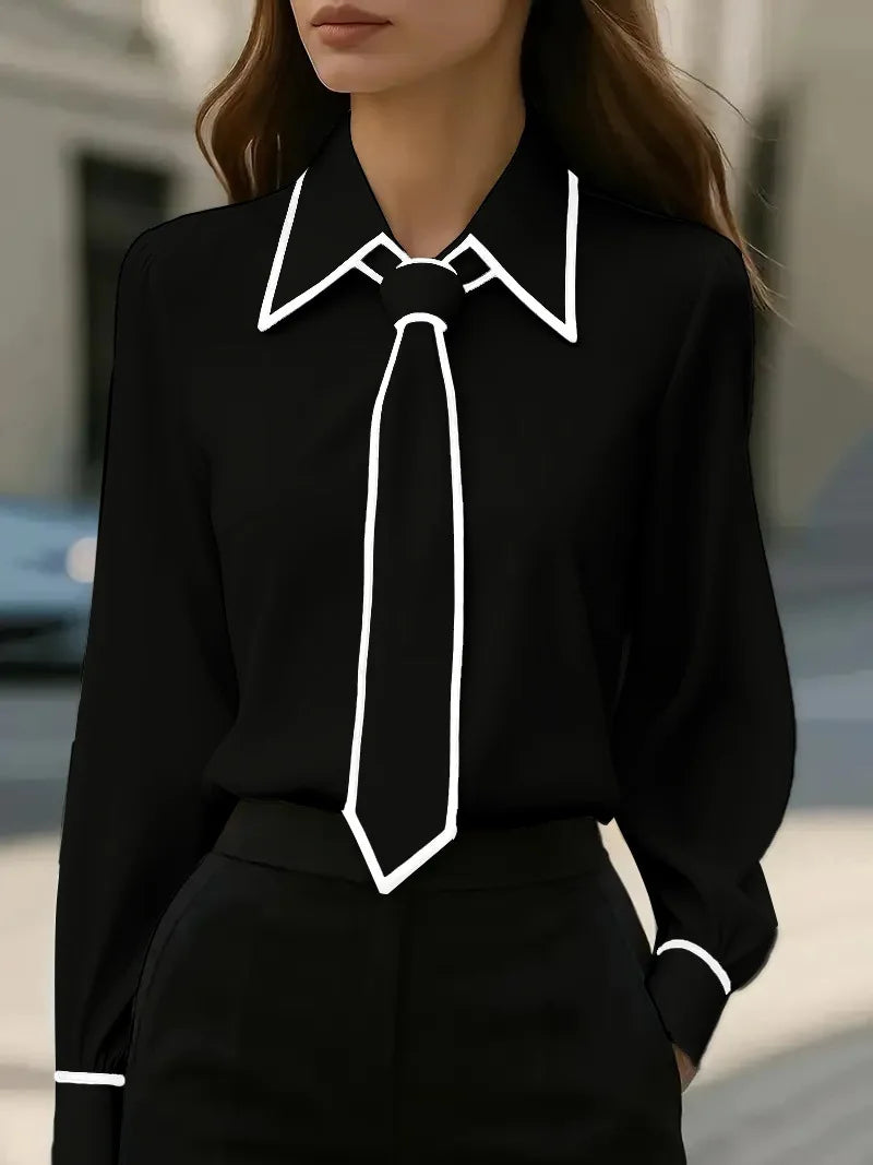 Women's Blouse Fashion Shirt Formal Bow Tie Long-sleeve Contrasting Trim Tops Slim-fit Workwear Elegant Office Lady Shirts Women    Your Coastal Marketplace | Shoreshopper.com