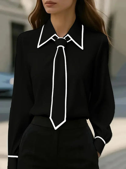 Women's Blouse Fashion Shirt Formal Bow Tie Long-sleeve Contrasting Trim Tops Slim-fit Workwear Elegant Office Lady Shirts Women    Your Coastal Marketplace | Shoreshopper.com