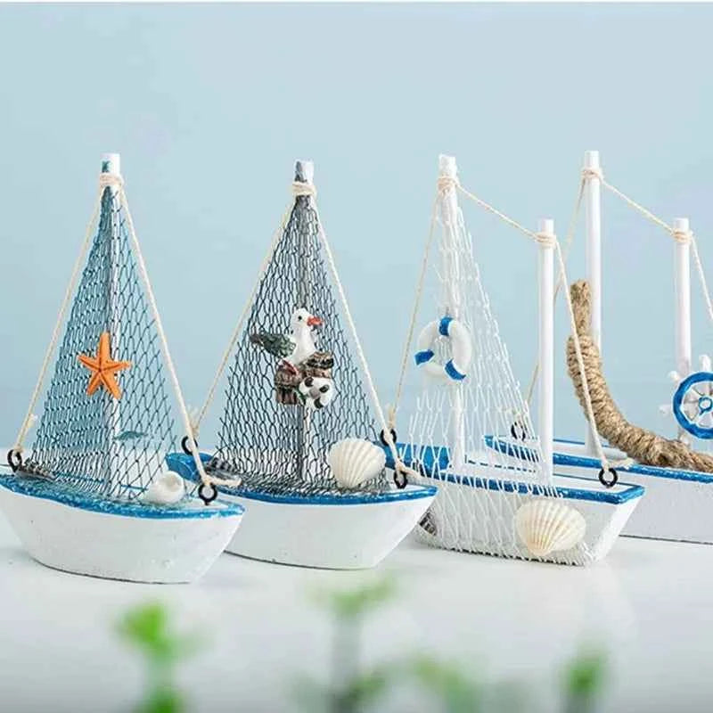 1pc Mini Mediterranean Style Marine Nautical Wooden Blue Sailing Boat Ship Wood Crafts Ornaments Party Room Home Decoration