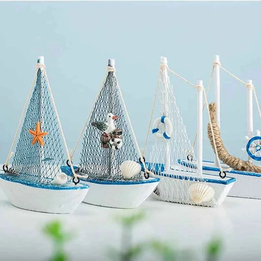 1pc Mini Mediterranean Style Marine Nautical Wooden Blue Sailing Boat Ship Wood Crafts Ornaments Party Room Home Decoration