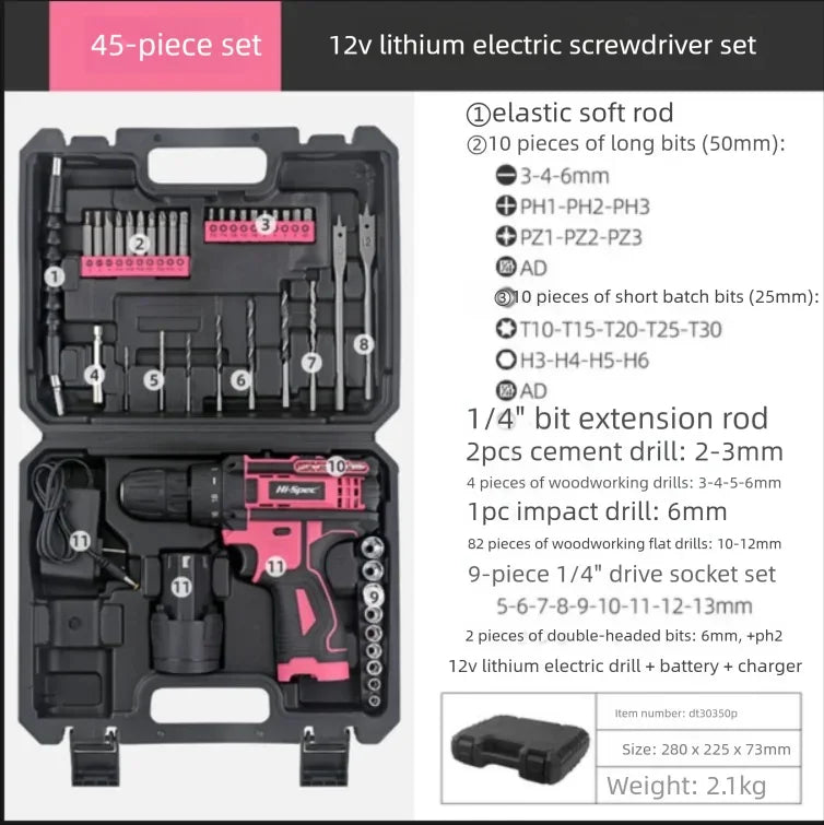 Hi-Spec 92-Piece Pink Home Tool Box Set, Multi-Function Hand Repair Kit with Hammer Cordless Power Drill Combo for Household DIY - ShoreCo.Shop