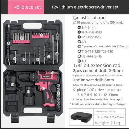 Hi-Spec 92-Piece Pink Home Tool Box Set, Multi-Function Hand Repair Kit with Hammer Cordless Power Drill Combo for Household DIY - ShoreCo.Shop