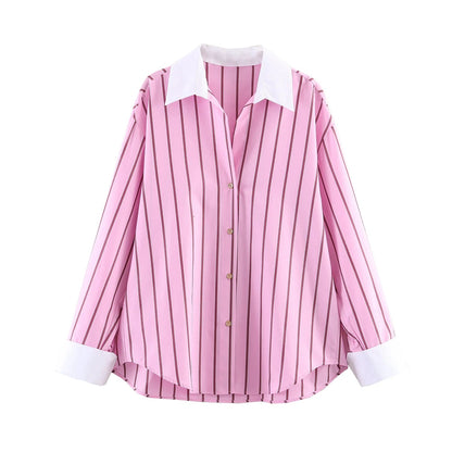 HH Women Spring Casual Shirt Pink Striped Lapel Long Sleeve Single Breasted Fashion Female Elegant Loose Versatile Blouse Mujer    Your Coastal Marketplace | Shoreshopper.com