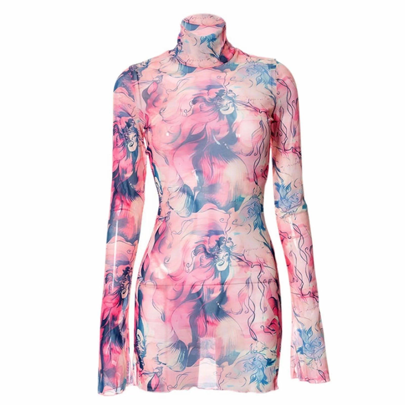 Top Selling Mesh Printed Round Neck Womens Dresses For Teens Plus Size Bell Sleeve Side Open Hip Dress Vestidos Para Mujer    Home Decor Supply | Online Retail | ShoreShopper.com