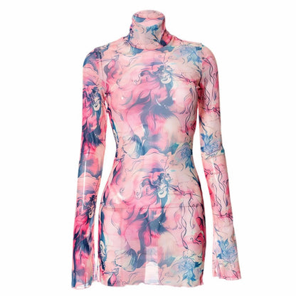 Top Selling Mesh Printed Round Neck Womens Dresses For Teens Plus Size Bell Sleeve Side Open Hip Dress Vestidos Para Mujer    Home Decor Supply | Online Retail | ShoreShopper.com