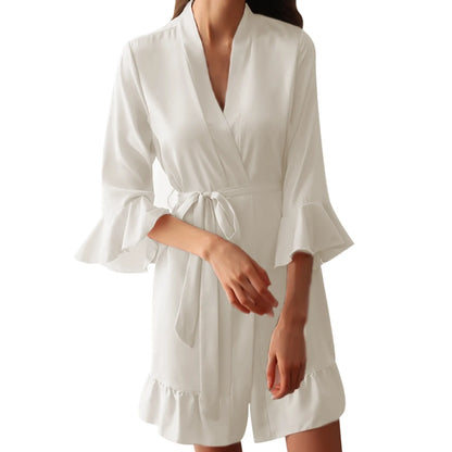 Sexy Flare Sleeve Kimono Gown Women Wedding Robe Silk Rayon Home Dress Elegant Ruffle Sleepwear Cozy Nightgown Intimate Lingerie - ShoreCo.Shop