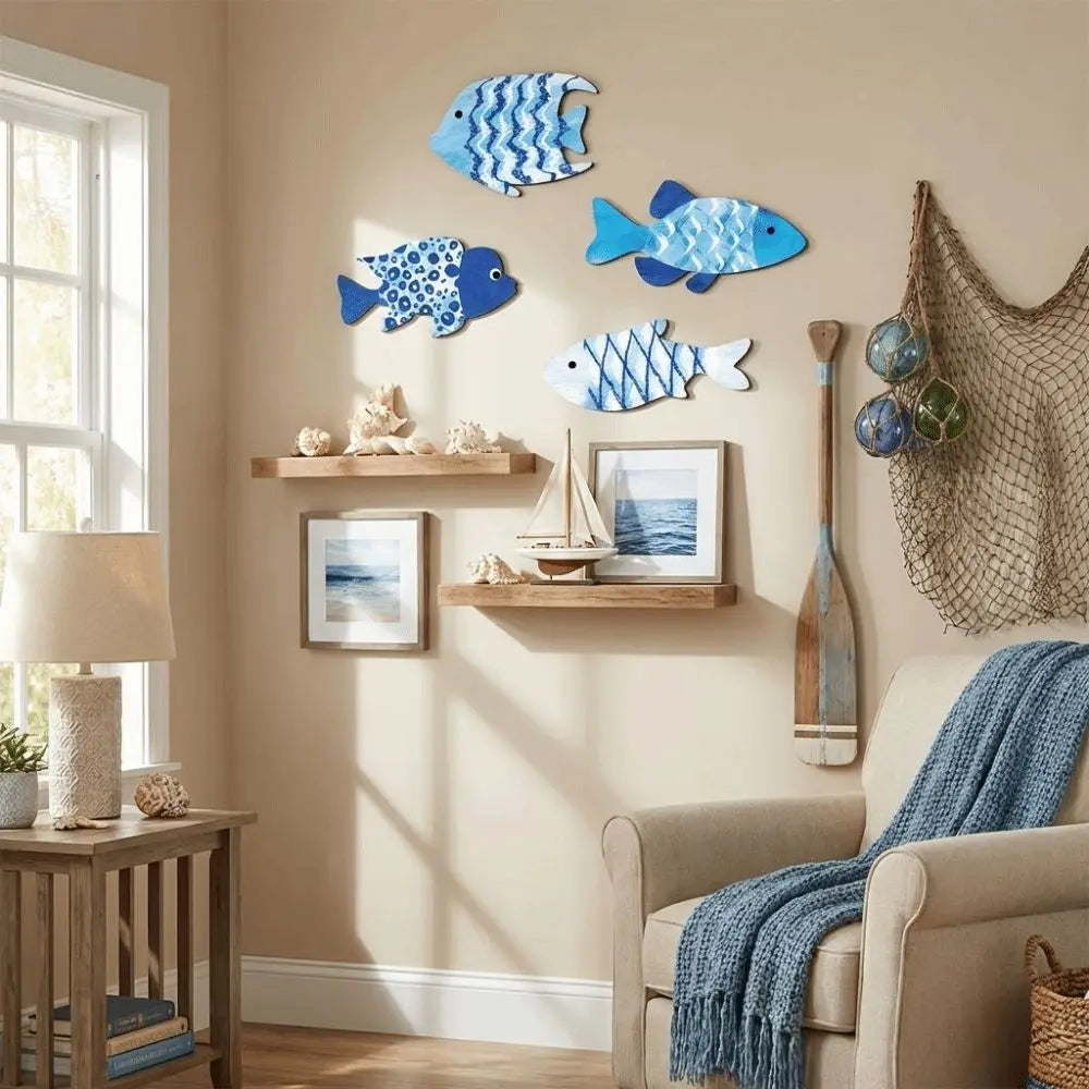 Marine Style Wooden Fish Wall Decor School of Fish Rustic Carving Fish Pendant Handcrafted Ocean Theme Nautical Wall Art    Your Coastal Marketplace | Shoreshopper.com