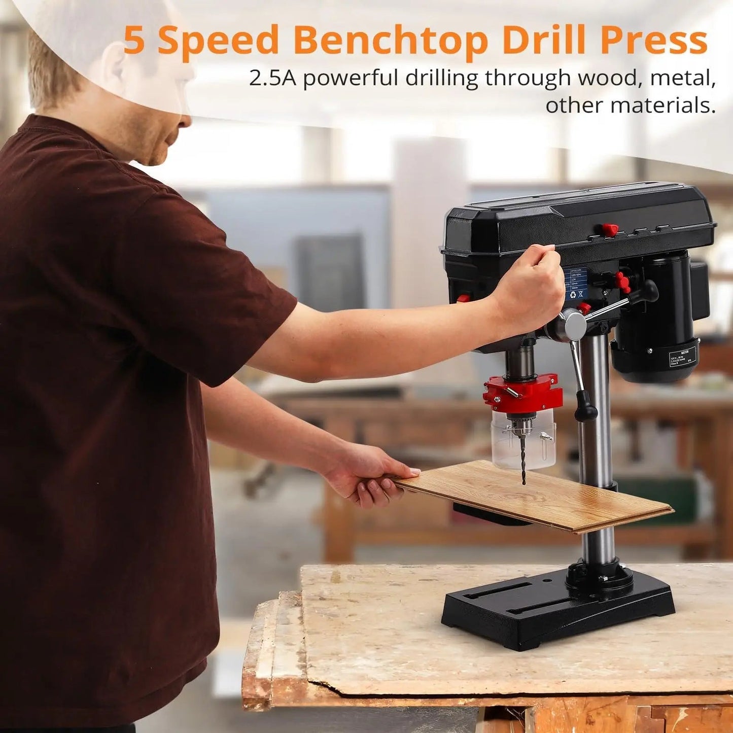 8 Inch Bench Drill Press, 2.5Amp, 5 Speed Adjustable, Swing Distance 0-45° Tilting, Controls Benchtop for Wood, Metal Drilling    Home Decor Supply | Online Retail | ShoreShopper.com