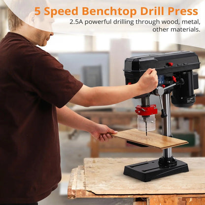 8 Inch Bench Drill Press, 2.5Amp, 5 Speed Adjustable, Swing Distance 0-45° Tilting, Controls Benchtop for Wood, Metal Drilling    Home Decor Supply | Online Retail | ShoreShopper.com