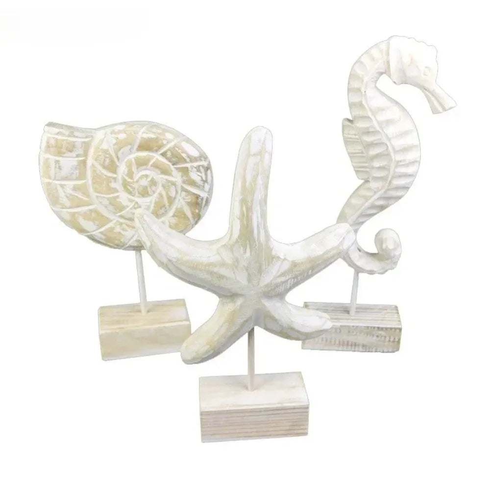 Mediterranean Wood Carving Sculpture - Starfish, Conch & Hippocampus Marine Decor for Home & Living Room    Your Coastal Marketplace | Shoreshopper.com