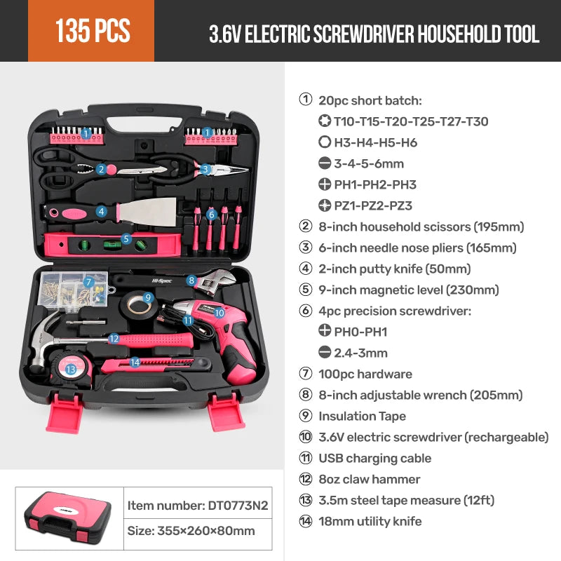 Hi-Spec 92-Piece Pink Home Tool Box Set, Multi-Function Hand Repair Kit with Hammer Cordless Power Drill Combo for Household DIY - ShoreCo.Shop