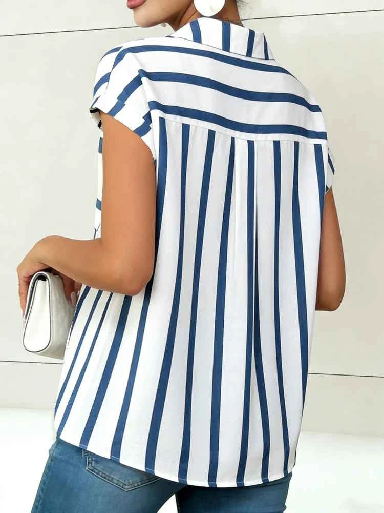 Women's Blouse Shirt Summer Top Navy White Top Vertical Stripe V Neck Short Sleeve Sleek Stylish Daily Shirt Casual Tops