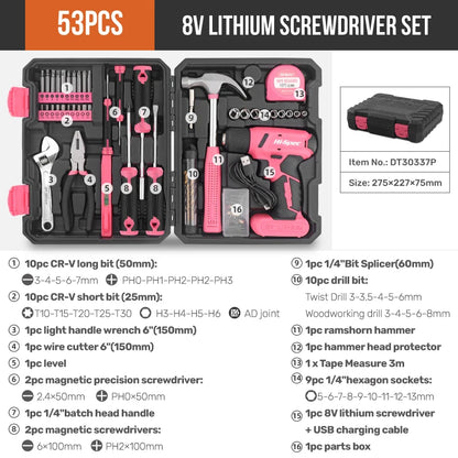 Hi-Spec 92-Piece Pink Home Tool Box Set, Multi-Function Hand Repair Kit with Hammer Cordless Power Drill Combo for Household DIY - ShoreCo.Shop