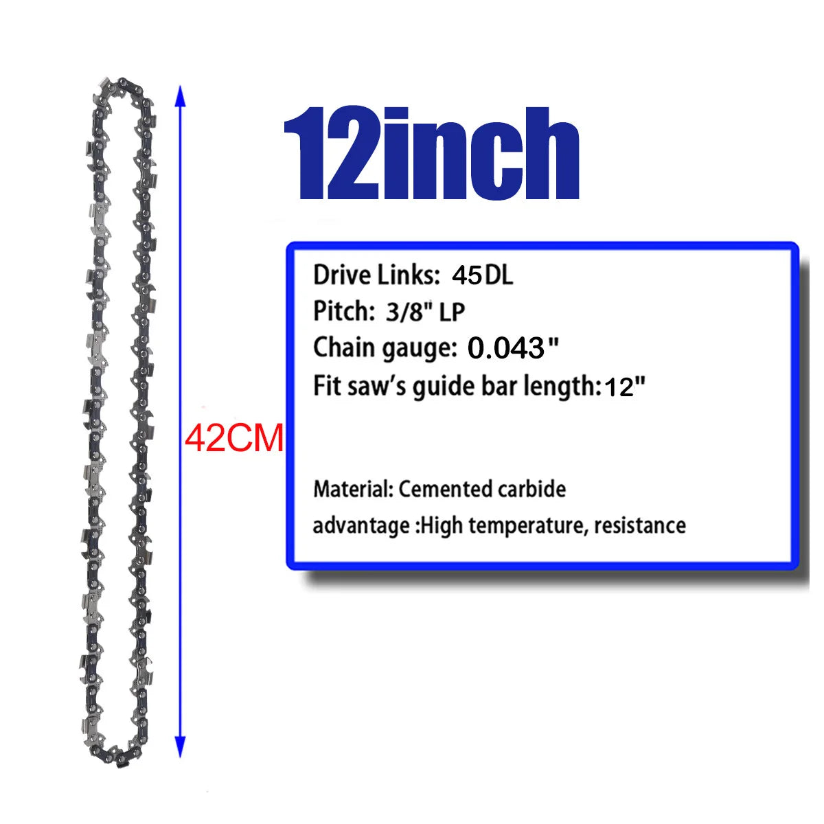 12 Inch Chainsaw Chain 3/8" LP Pitch .043'' Gauge 45 Drive Links Fits For DeWalt DCCS620P1 Ryobi, Craftsman, Makita and More - ShoreCo.Shop