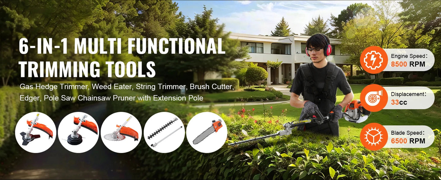 SucceBuy 33CC 6-in-1Multi-Functional Trimming Tools Gas Hedge Trimmer Weed Eater String TrimmerBrush Cutter Pole Saw Chainsaw    Home Decor Supply | Online Retail | ShoreShopper.com
