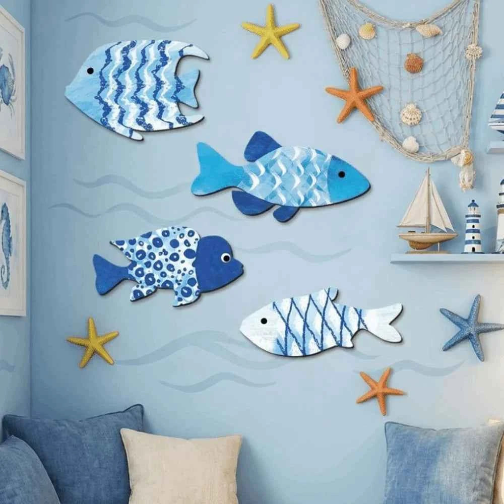 Marine Style Wooden Fish Wall Decor School of Fish Rustic Carving Fish Pendant Handcrafted Ocean Theme Nautical Wall Art