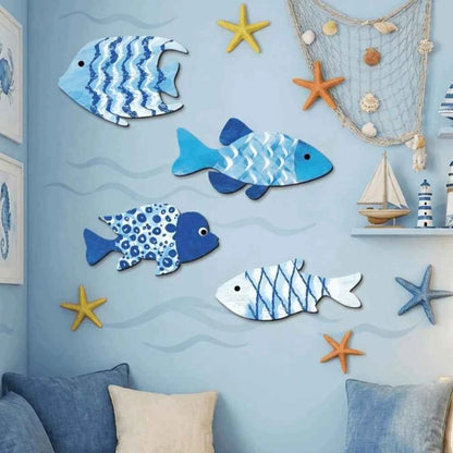 Marine Style Wooden Fish Wall Decor School of Fish Rustic Carving Fish Pendant Handcrafted Ocean Theme Nautical Wall Art