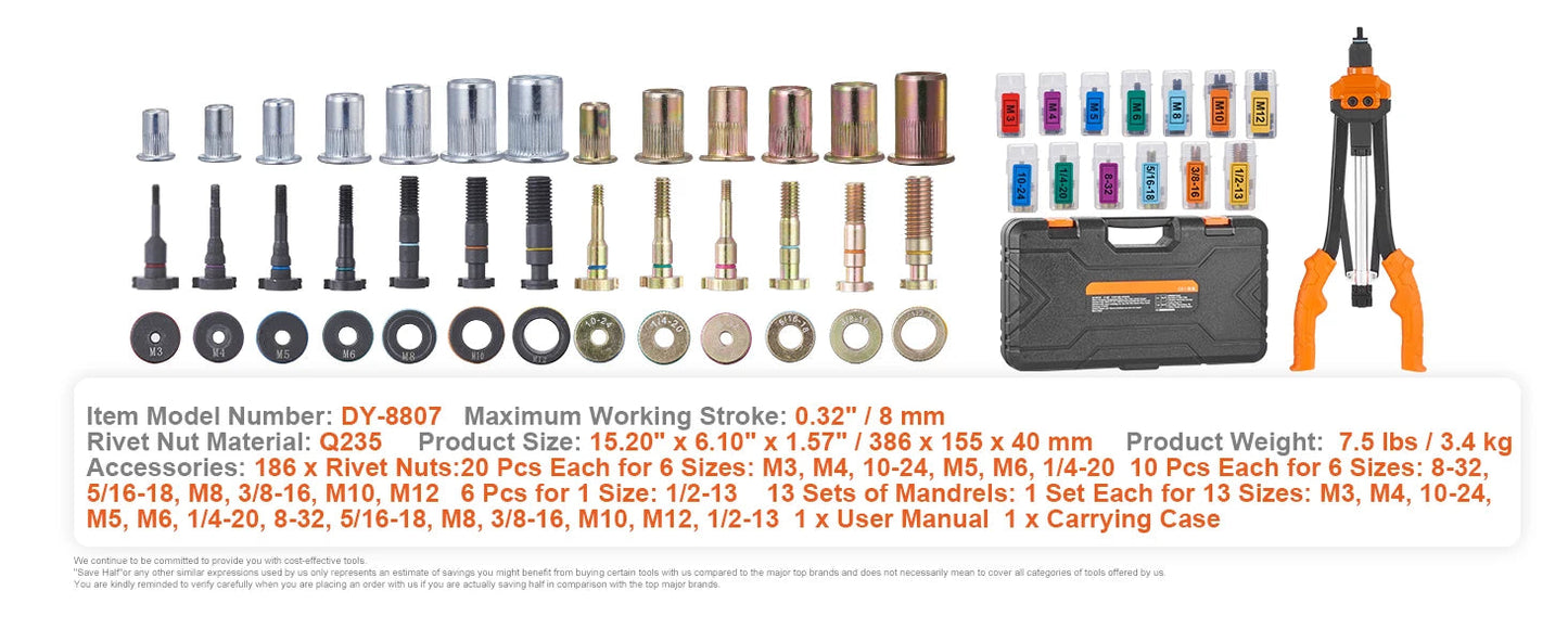SucceBuy 14" 16" Rivet Nut Tool Rivnut Tool Kit with Metric and SAE Mandrels 70PCS/186PCS Rivet Nuts With Rugged Carrying Case    Home Decor Supply | Online Retail | ShoreShopper.com