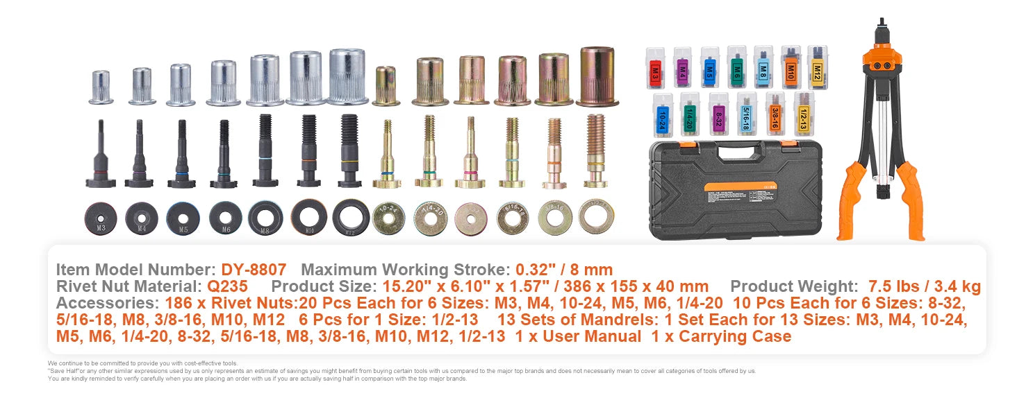 SucceBuy 14" 16" Rivet Nut Tool Rivnut Tool Kit with Metric and SAE Mandrels 70PCS/186PCS Rivet Nuts With Rugged Carrying Case    Home Decor Supply | Online Retail | ShoreShopper.com