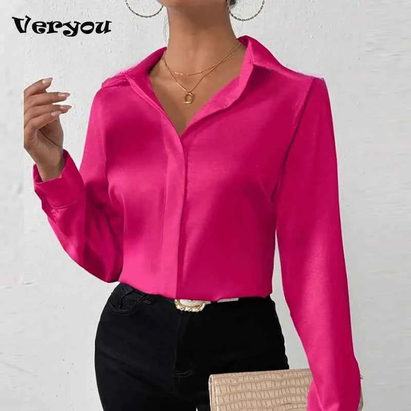 Women Long Sleeve Silk Shirt Female Fashion Turn Down Collar Button Blouse Women Elegant Satin Tops Office Lady Shirt