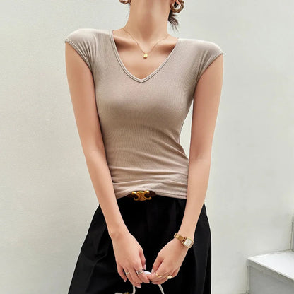T-shirt for Women 2025 Summer New V-neck Front Shoulder Slim Fit Slim and Hiding Secondary Breast Basic Temperament Top    Your Coastal Marketplace | Shoreshopper.com