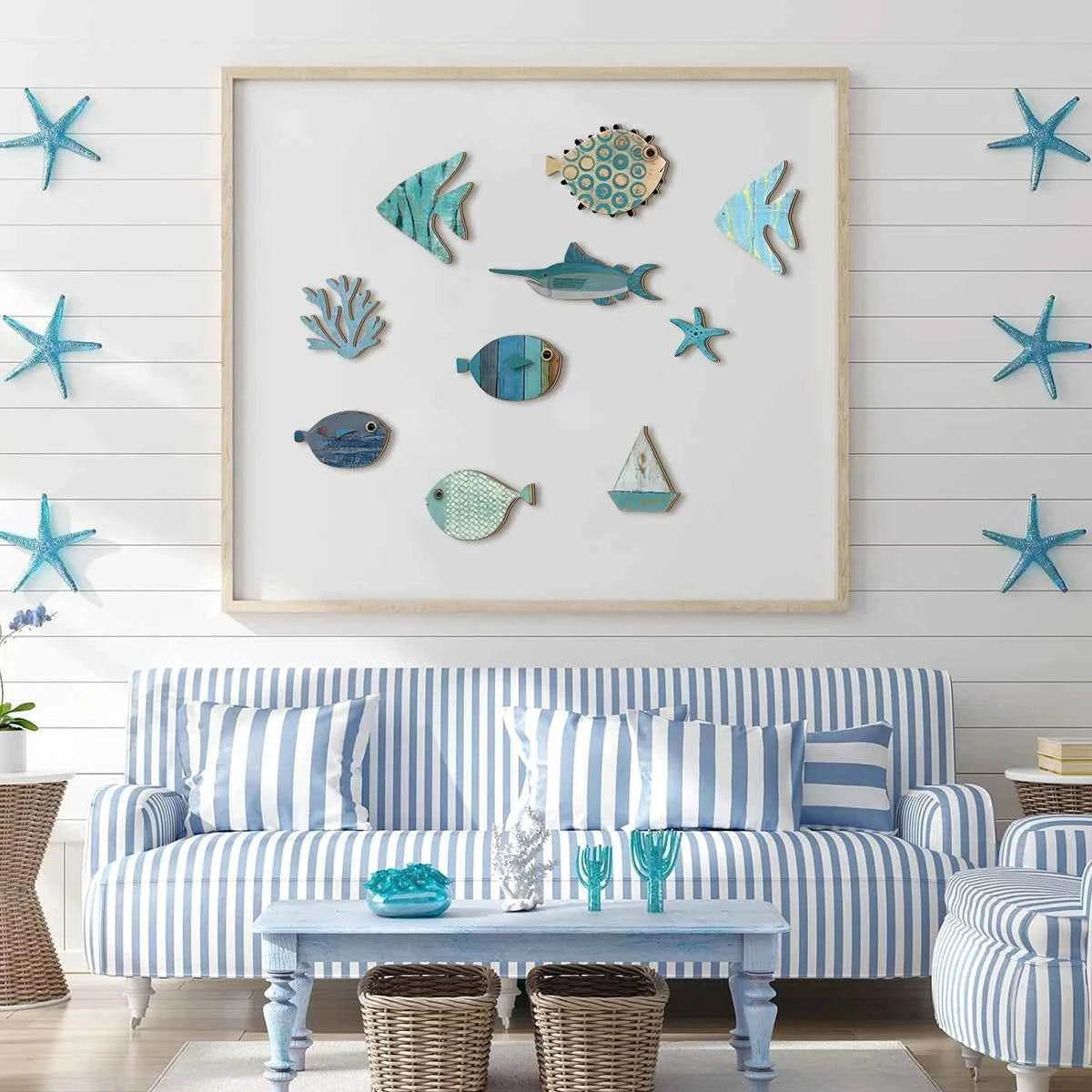 Handcrafted Wooden Ocean Wall Decor - Fish, Coral, Starfish & Sailboat Set for Home/Bathroom, Coastal Style Art