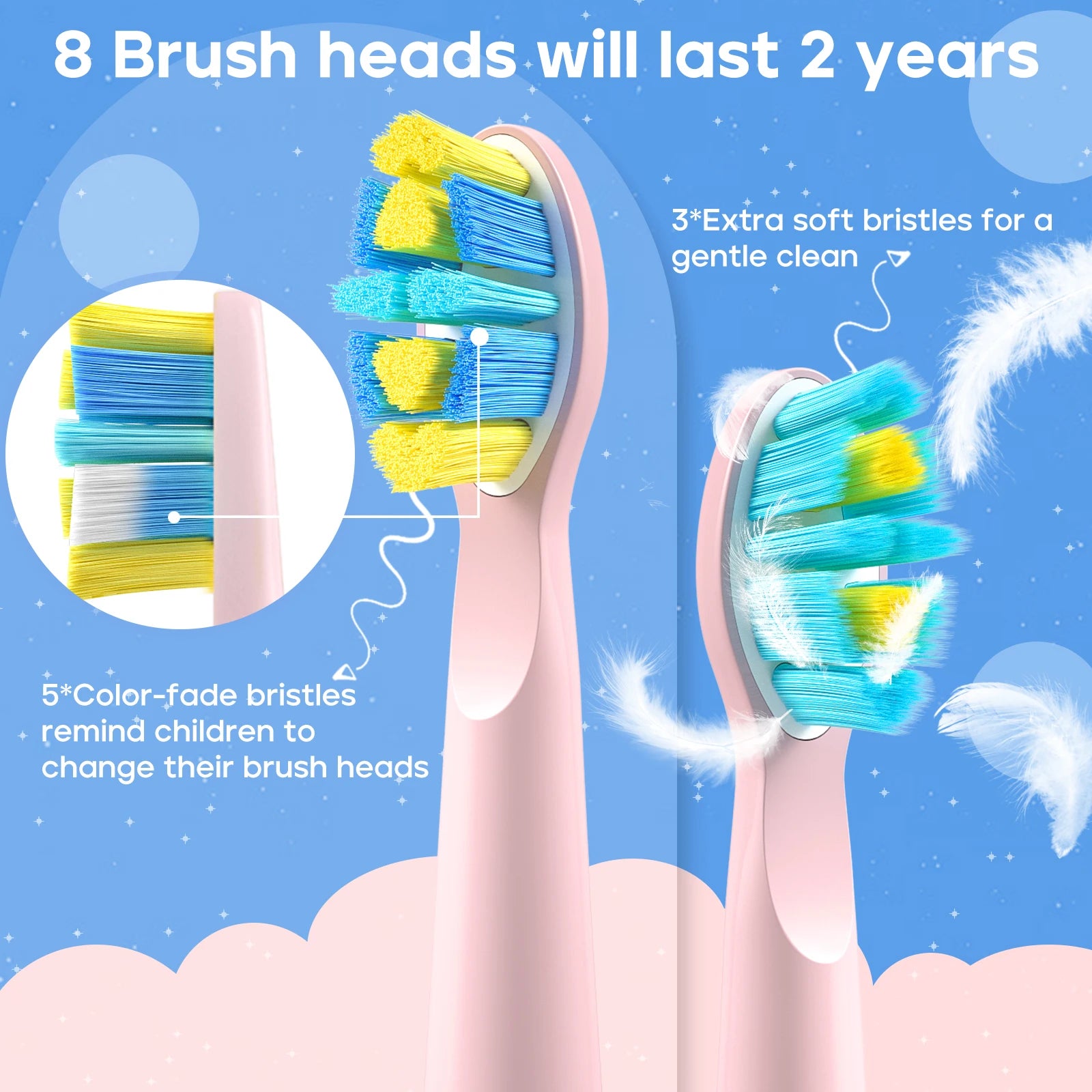Children Electric Toothbrush with 8 Replacement Heads DIY Stickers 5 Cleaning Modes Blue Pink Yellow 3 Colors Soft Bristles - ShoreCo.Shop