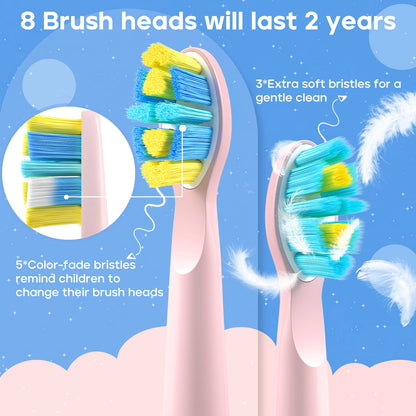 Children Electric Toothbrush with 8 Replacement Heads DIY Stickers 5 Cleaning Modes Blue Pink Yellow 3 Colors Soft Bristles - ShoreCo.Shop