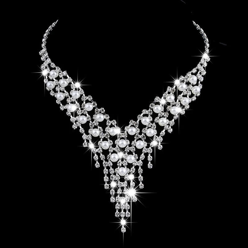 Luxury Long Tassels Jewelry Pearl Necklace Earing Set Crystal Zircon Wedding Bridal Jewelry Sets For Women Bijoux Mariage Zestaw    Home Decor Supply | Online Retail | ShoreShopper.com