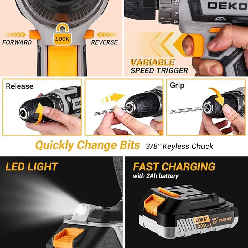 20V DEKO  cordless drill kit with battery,  manual repair, men's drill,basic toolbox, suitable for household tools - ShoreCo.Shop