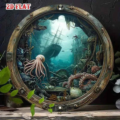 Nautical Porthole Wall Decor - Underwater Shipwreck Scene Metal Sign, Easy Hang Indoor Decoration for Living Room,  Wedding Gift
