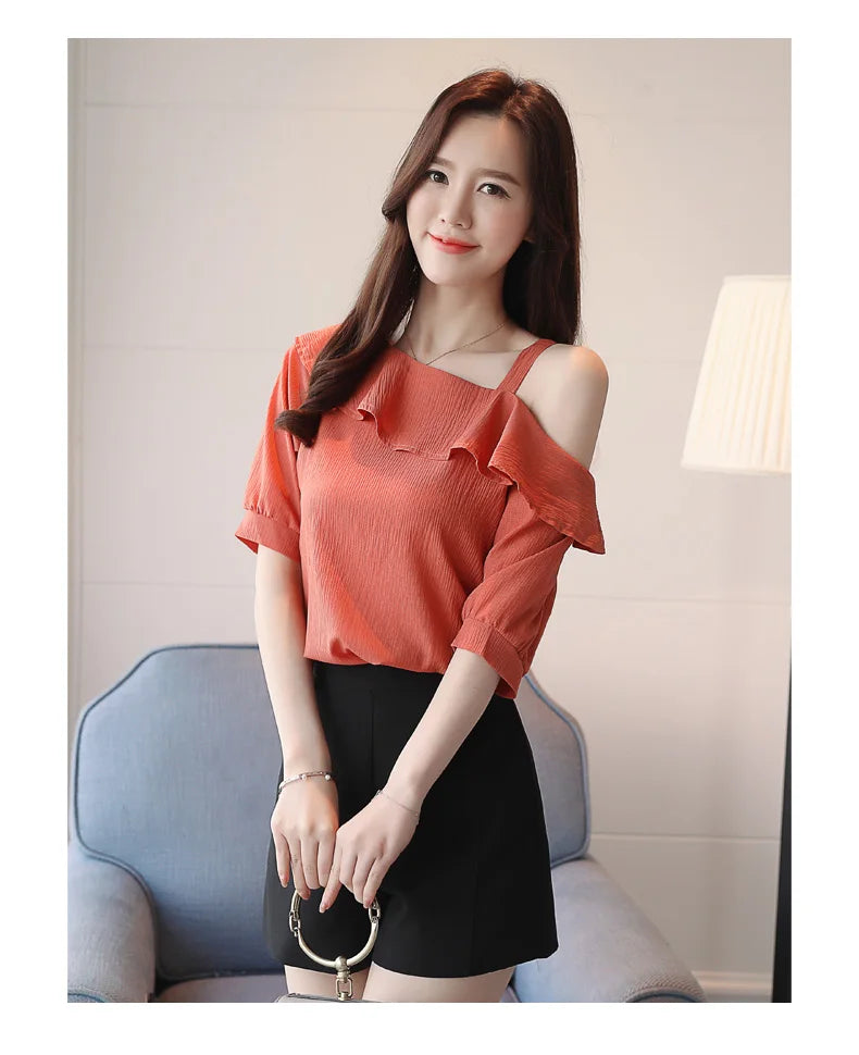 Women's Shirt Tops One-Shoulder Ruffles Short-sleeved Chiffon Blouse    Your Coastal Marketplace | Shoreshopper.com