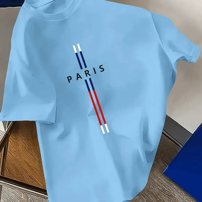 Summer Men 100% cotton fashion casual loose fit plus size Paris letter print round neck short sleeve T-shirt top    Home Decor Supply | Online Retail | ShoreShopper.com