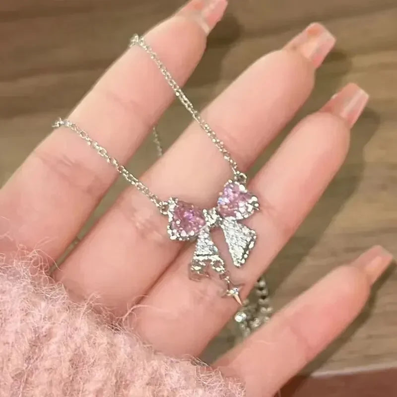 Fashion Fairy Pink Crystal Bow Knot Pendant Necklaces Y2K Girls Sweet Rhinestone Heart Clavicle Chain Women Jewelry Gifts    Home Decor Supply | Online Retail | ShoreShopper.com