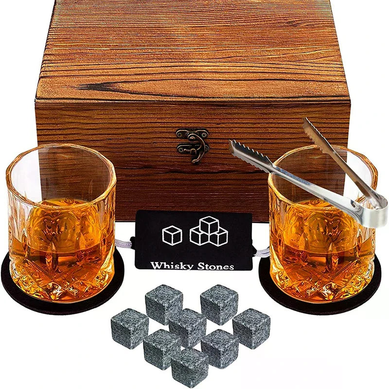 Father'S Day Gift For Men Whiskey Stones Set 8 Pcs Granite Ice Cubes+ 2 Pcs Cups For Whisky In Wooden Bottle Box Present For Dad    Your Coastal Marketplace | Shoreshopper.com