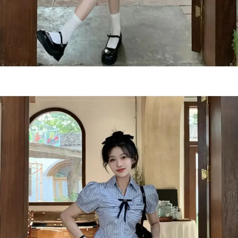 Bow-rinked Striped Shirt for Women Summer French Sweet and Spicy Puff Sleeve Shirt Short Short Sleeve Top    Home Decor Supply | Online Retail | ShoreShopper.com