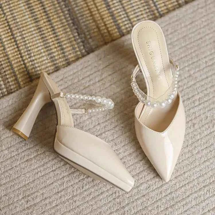 Women Slippers Female Shoes Pointed Toe Mules for Women 2024 Thin Heels Slippers Soft Beige Heeled Slides Fashion New Comfort