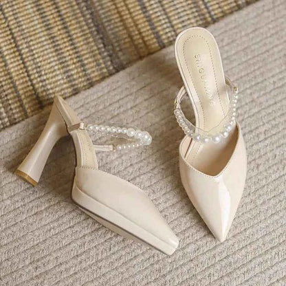 Women Slippers Female Shoes Pointed Toe Mules for Women 2024 Thin Heels Slippers Soft Beige Heeled Slides Fashion New Comfort