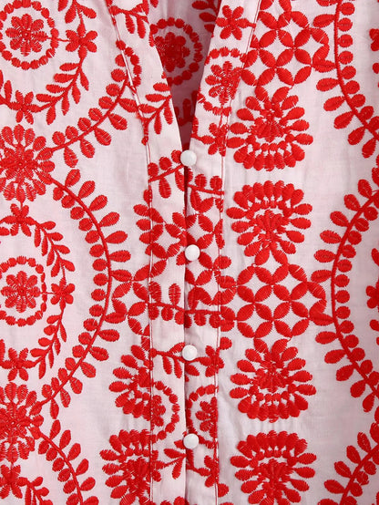 Women Red Floral Embroidered Shirt V Neck Long Sleeve Blouse Down Bohemian T-Shirt Casual Vacation Style Summer Clothing    Your Coastal Marketplace | Shoreshopper.com