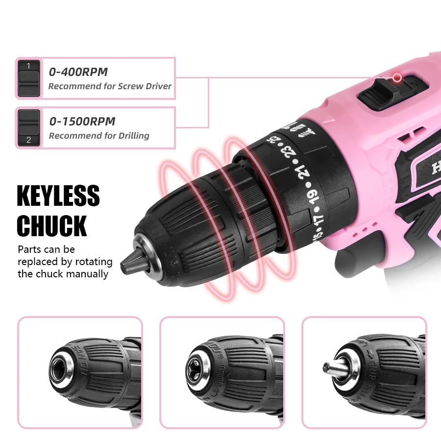 HILDA 21V Pink Drill Electric Drill Electric Screwdriver  Cordless Drill Mini Wireless Power Tools Lithium-Ion Battery - ShoreCo.Shop