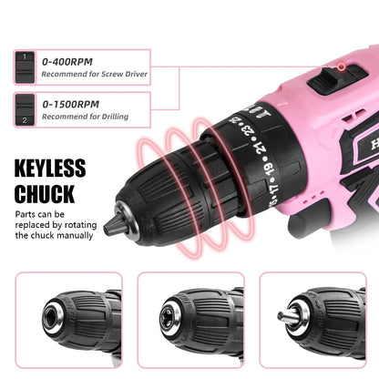 HILDA 21V Pink Drill Electric Drill Electric Screwdriver  Cordless Drill Mini Wireless Power Tools Lithium-Ion Battery - ShoreCo.Shop