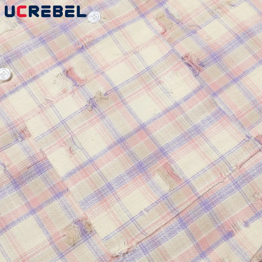 Ripped Plaid Long Sleeve Shirts Mens Pocket Autumn High Street Loose Lapel Single Breasted Checked Shirt Men    Home Decor Supply | Online Retail | ShoreShopper.com