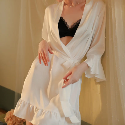 Sexy Flare Sleeve Kimono Gown Women Wedding Robe Silk Rayon Home Dress Elegant Ruffle Sleepwear Cozy Nightgown Intimate Lingerie - ShoreCo.Shop