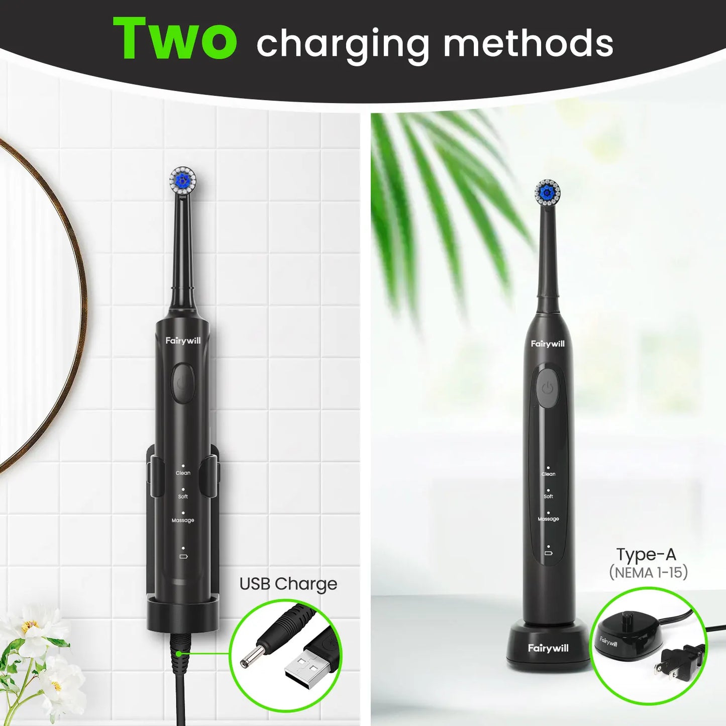 Fairywill Electric Toothbrush T2233Powerful Rotation Cleaning 4 Replacement Heads Rechargeable Sonic Toothbrush for Adults - ShoreCo.Shop