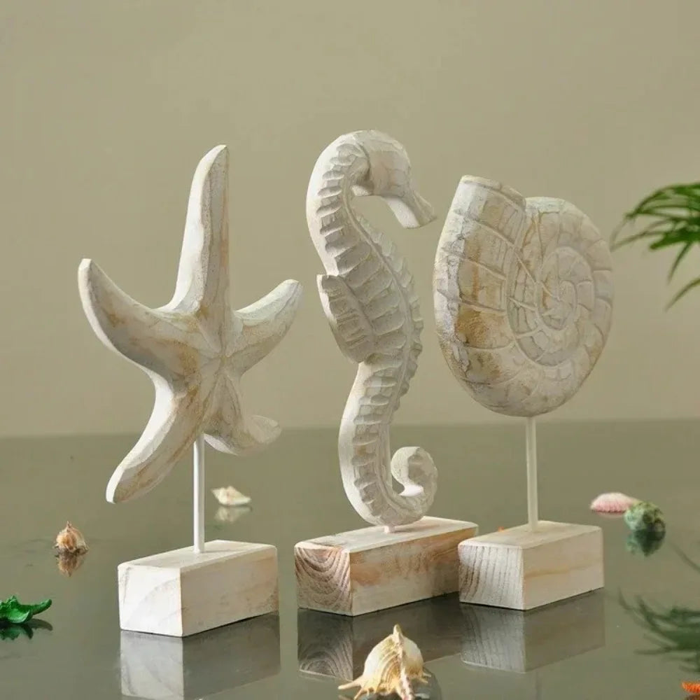 Mediterranean Wood Carving Sculpture - Starfish, Conch & Hippocampus Marine Decor for Home & Living Room    Your Coastal Marketplace | Shoreshopper.com