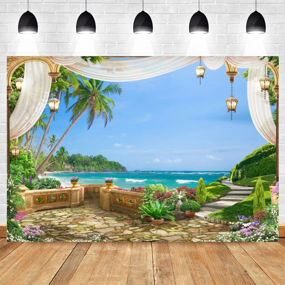 Summer Seaside Beach Photography Backdrop Natural Scenery Castle Tropical Sunshine Palms Leaves Photo Background Studio Props    Your Coastal Marketplace | Shoreshopper.com