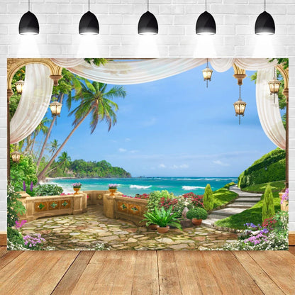 Summer Seaside Beach Photography Backdrop Natural Scenery Castle Tropical Sunshine Palms Leaves Photo Background Studio Props    Your Coastal Marketplace | Shoreshopper.com