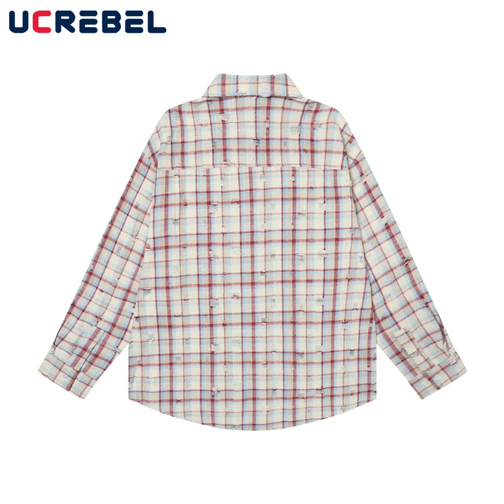 Ripped Plaid Long Sleeve Shirts Mens Pocket Autumn High Street Loose Lapel Single Breasted Checked Shirt Men    Home Decor Supply | Online Retail | ShoreShopper.com